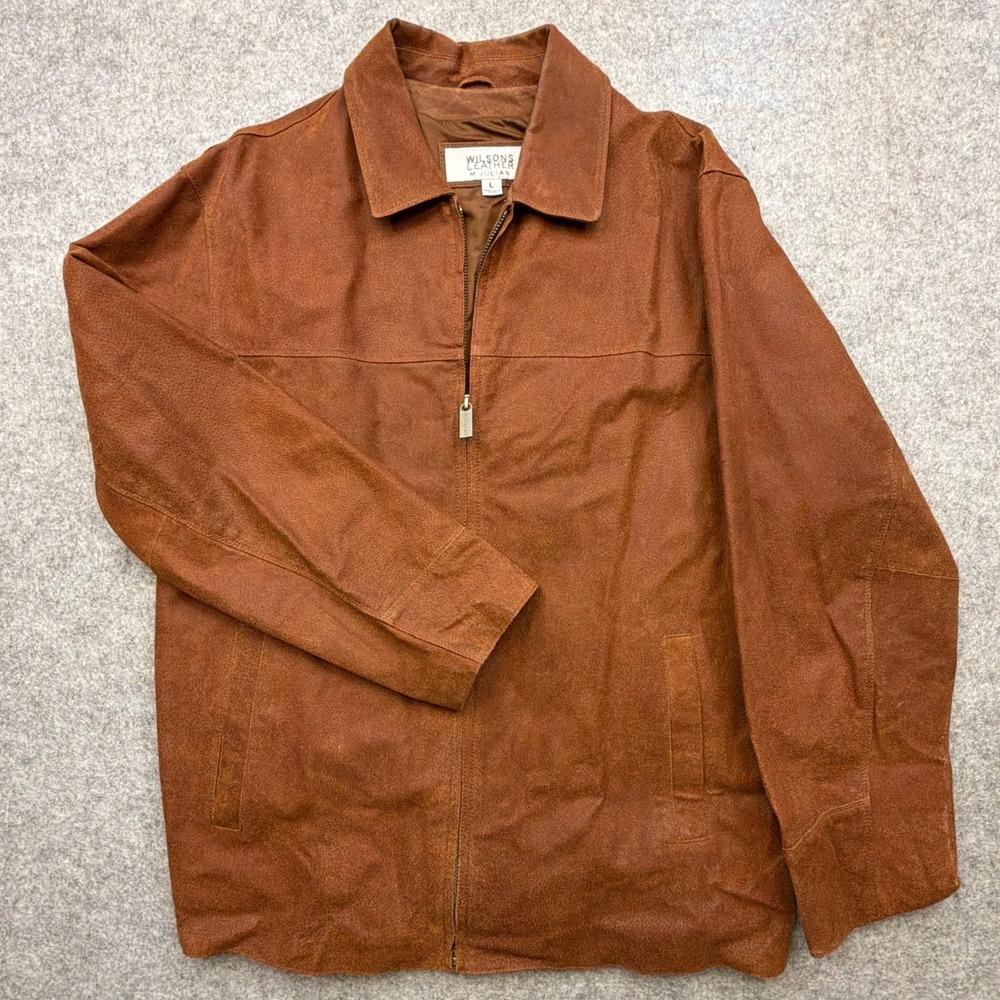 Wilsons Leather Men's Julian Jacket Brown Large Distressed Leather Full Zip EUC